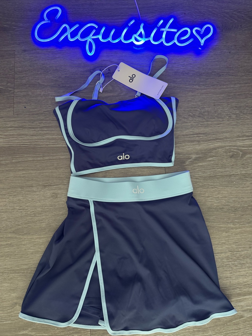 ALO Yoga Navy with Light Blue Trim Sports Bralette & Skirt Set